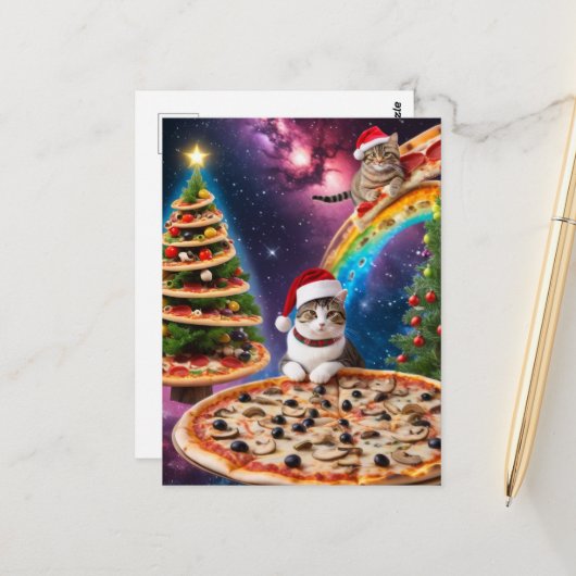 Aardige Kerst Pizza Katten Briefkaart (Voorkant / Achterkant in situ)