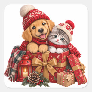 Aardige Kerst Puppy Kitten Cadeau Vierkante Sticker