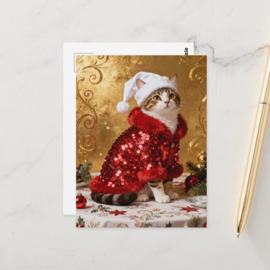 Aardige Kerstkat Ansichtkaart Briefkaart (Voorkant / Achterkant in situ)