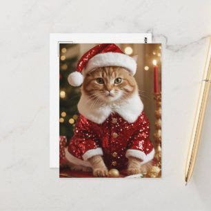 Aardige Kerstkat in Kerstmannenpak Postkaart