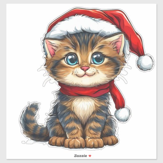 Aardige Kerstkat met een Kerstmanhoed Sticker (Vel)