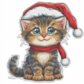 Aardige Kerstkat met een Kerstmanhoed Sticker (Voorkant)