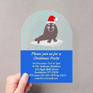 Aardige Kerstwalrus en Sneeuwvlokken op Maat Acryl Uitnodigingen