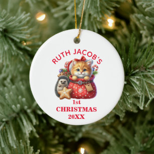 Aardige Kitten en Egel Eerste Kerstmis Persoonlijk Keramisch Ornament