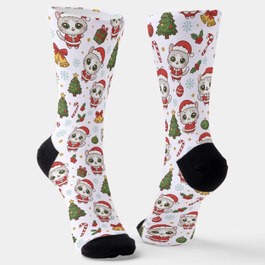 Aardige Kitten En Kerst Iconen Patroon Vakantie Sokken (Gebogen)