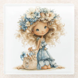 AARDIGE KLEINE ZOMERMEISJE GEKLEED IN BLAUW GLAZEN ONDERZETTER