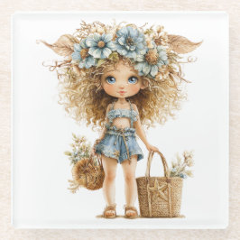 AARDIGE KLEINE ZOMERMEISJE GEKLEED IN BLAUW GLAZEN ONDERZETTER