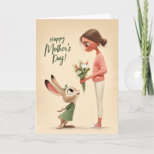 Aardige Konijn Geeft Bloemen Moederdag Kaart (Voorkant)