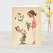Aardige Konijn Geeft Bloemen Moederdag Kaart (Gele Bloem)