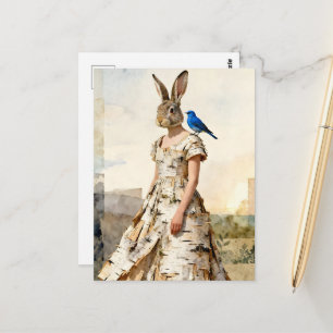Aardige konijn in berkenbastjurk met blauwe vogelt briefkaart