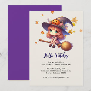 Aardige lieve heks vliegend met bezem, Halloween Kaart