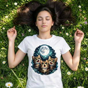 Aardige Miauwende Kattentrio Onder Volle Maan Dame T-shirt