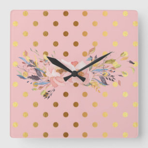 Aardige nepgouden polka stippen bloemen vierkante klok