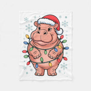 Aardige Nijlpaard in Kerstlichten en Kerstman Hoed Fleece Deken
