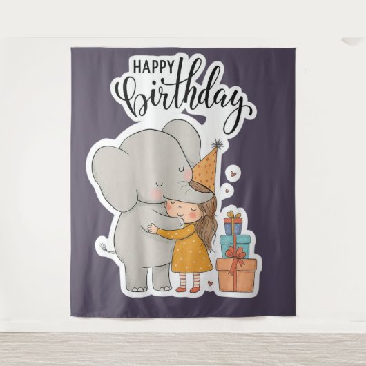 Aardige Olifant Knuffel Verjaardagssticker Wandkleed (Voorkant)