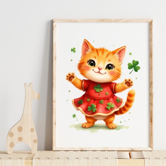 Aardige oranje kitten in klaverdressoir poster