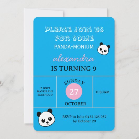 Aardige Panda Beer Feest Uitnodiging – Persoonlijk (Achterkant)