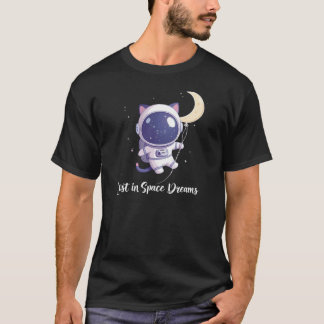 Aardige Pastel Kawaii Ruimtekat met Maan en Rai T-shirt