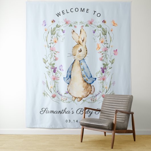 Aardige Peter Rabbit Wilde Bloemen Baby Shower Wandkleed (In situ)