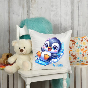 Aardige pinguïn glijdt op ijs op maat kussen