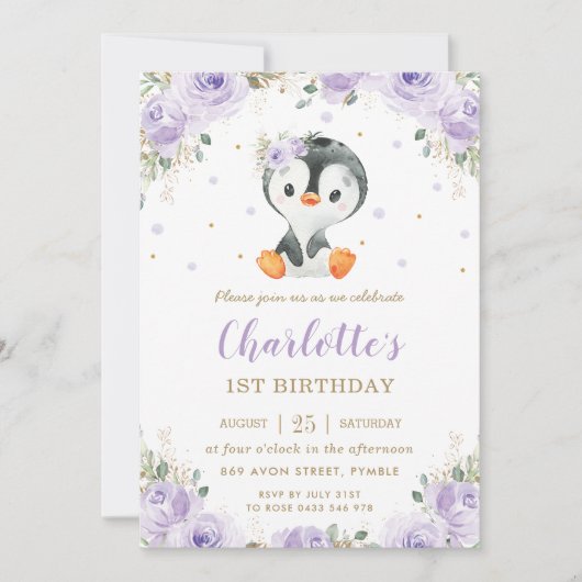 Aardige pinguïn paarse bloem meisje 1e verjaardag kaart (Voorkant)