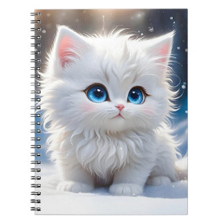 Aardige pluizige witte kat blauwe ogen roze wangen notitieboek