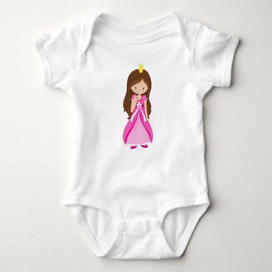 Aardige prinses, kroon, bruin haar, roze jurk romper (Voorkant)