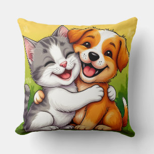 Aardige Puppy en Kitten Knuffelen met Warme Glimla Kussen