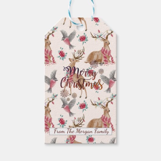 Aardige rendieren, vogels, bloemen cadeaulabel (Voorkant)
