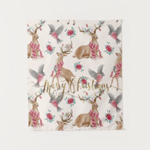 Aardige rendieren, vogels, bloemen wandkleed