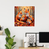 Aardige Rode Vos Familie in de Herfst Poster (Thuiskantoor)