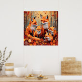 Aardige Rode Vos Familie in de Herfst Poster (Keuken)