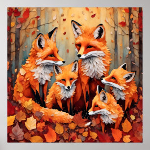 Aardige Rode Vos Familie in de Herfst Poster