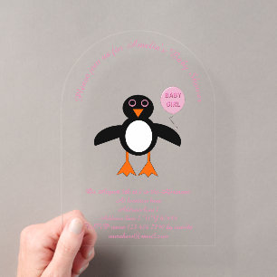 Aardige Roze Baby Meisje Pinguïn Aangepaste Baby S Acryl Uitnodigingen