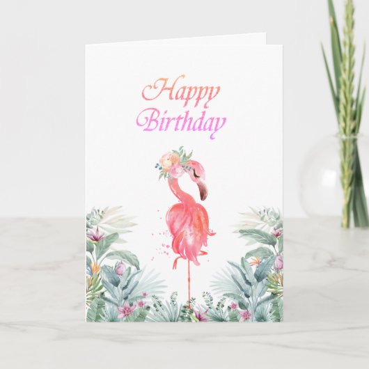 Aardige Roze Flamingo's Tropische Bloemen Verjaard Kaart (Voorkant)
