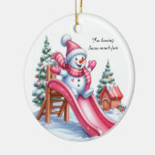 Aardige Roze Sneeuwman Speeltuin Pret Keramisch Ornament (Links)