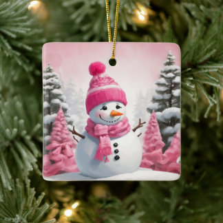 Aardige Roze Thema Xmas Sneeuwman Keramisch Ornament