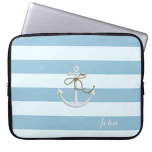 Aardige scheepsanker op lichtblauwe strepen laptop sleeve