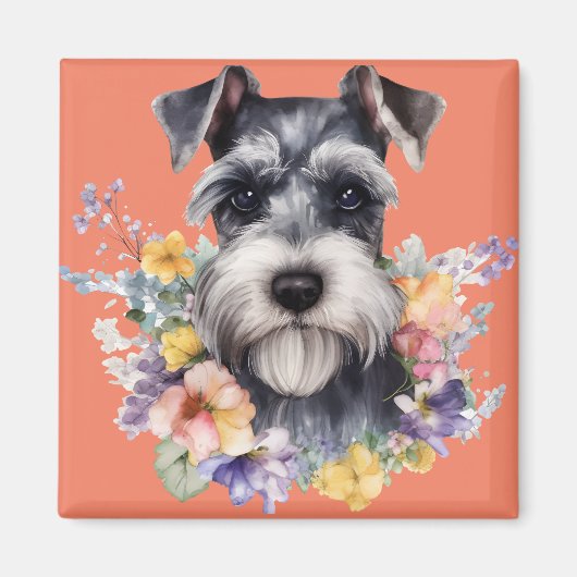 Aardige Schnauzer Portret met Bloemen Magneet (Voorkant)