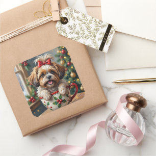 Aardige Shih Tzu-hond in Kerstmug Cozy Kunst Vierkante Sticker