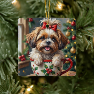 Aardige Shih Tzu-hond in Kerstmutscozy-kunst Keramisch Ornament