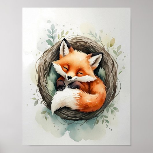 Aardige slapende vos nest waterkleur illustratie poster (Voorkant)