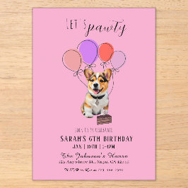 Aardige speelse roze Corgi-verjaardag aanpasbaar Acryl Uitnodigingen