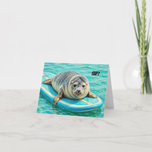 Aardige Surfende Zeehond Verjaardagskaart Bedankkaart