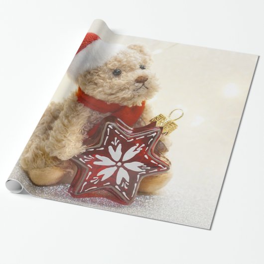 Aardige teddybeer met kerstmuts, vakantie cadeaupapier (Uitgerold)