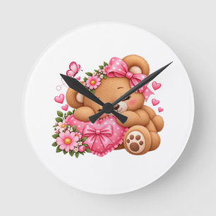 Aardige teddybeer met roze strik en harten   Schat Ronde Klok