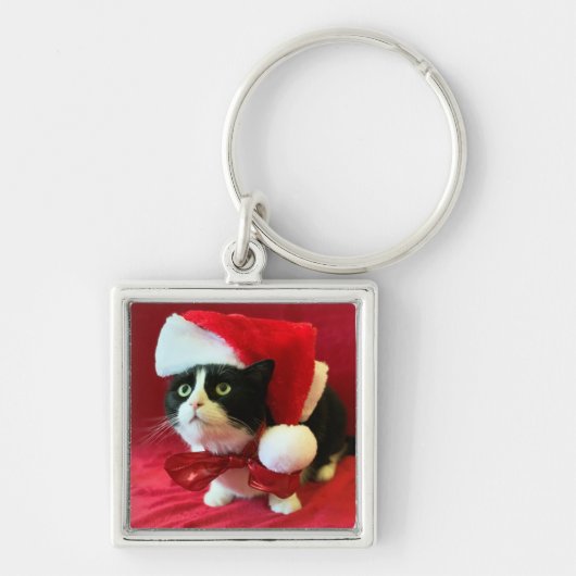 Aardige Tuxedo Kat in Kerstman Hoed Sleutelhanger (Voorkant)