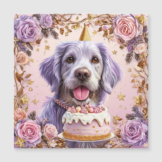 Aardige verjaardagshond met cake viert feest (Voorkant)