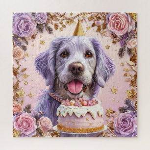 Aardige verjaardagshond met cake viert feest legpuzzel