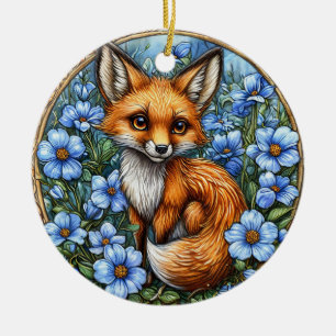 Aardige Vos Omringd door Levendige Blauwe Bloemen Keramisch Ornament